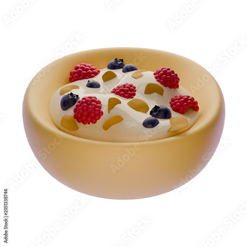 3D Rendered Bowl of Yogurt with Berries and Granola