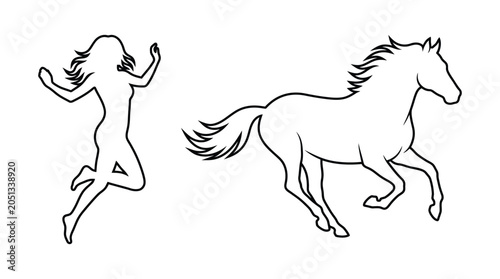 Foto Running woman and galloping horse line art silhouette