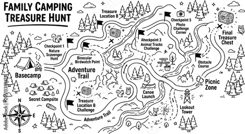 Quadro su tela Kids outdoor scavenger hunt activity map background with basecamp and chest icon