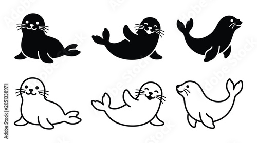 Fotografía Seal Silhouettes In Various Poses Black And White Outline Silhouette