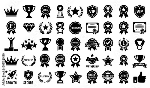 Minimal black and white VIP and achievement icon set with award illustrations