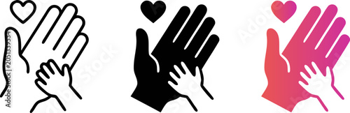 Three icons showing adult hand holding child hand with small heart symbol above symbolizing parenting care love and family support in linear black solid black and vibrant pink gradient design style se