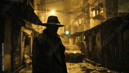 Mysterious figure in rainy noir cityscape