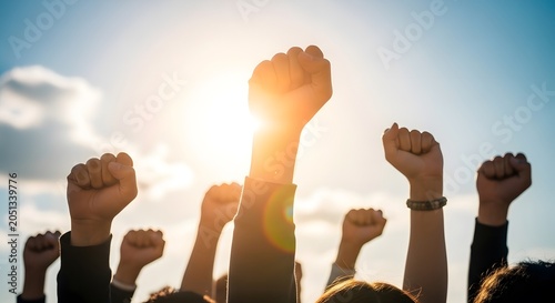 Group of people raising fists in solidarity against a bright sunny sky