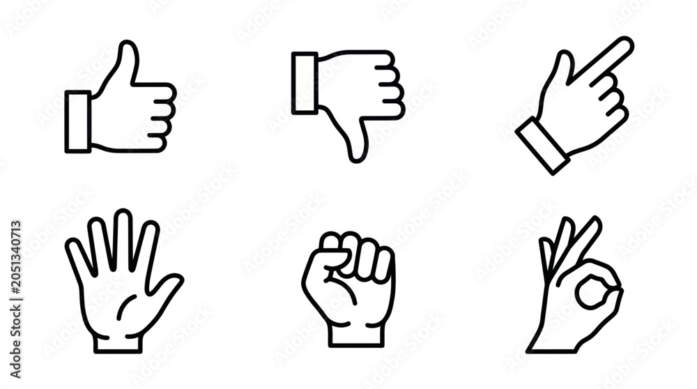 Fototapeta premium Set of Hand Gestures Icons: Thumbs Up, Down, Pointing, Open Palm, Fist, OK Sign