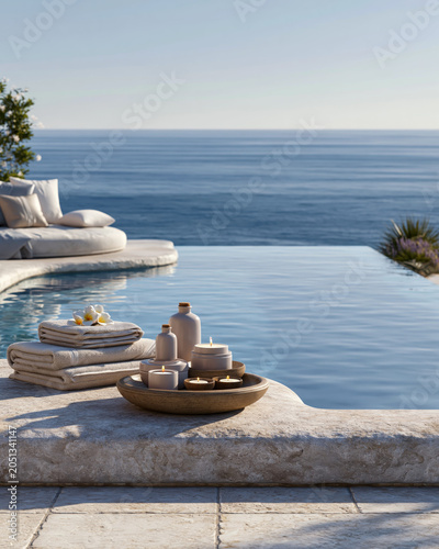 Luxury Wellness Resort Background with Infinity Pool and Ocean View
