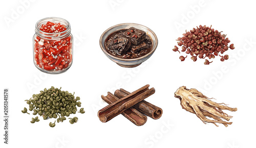 Foto Watercolor Illustration of Chinese spices and ingredients including red chilies
