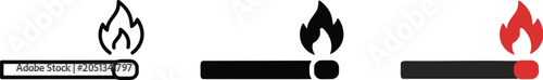 Collection of three simple graphic icons representing a burning matchstick in different styles