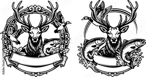 Cuadro en lienzo Wildlife Stag Emblem with Birds and Fish