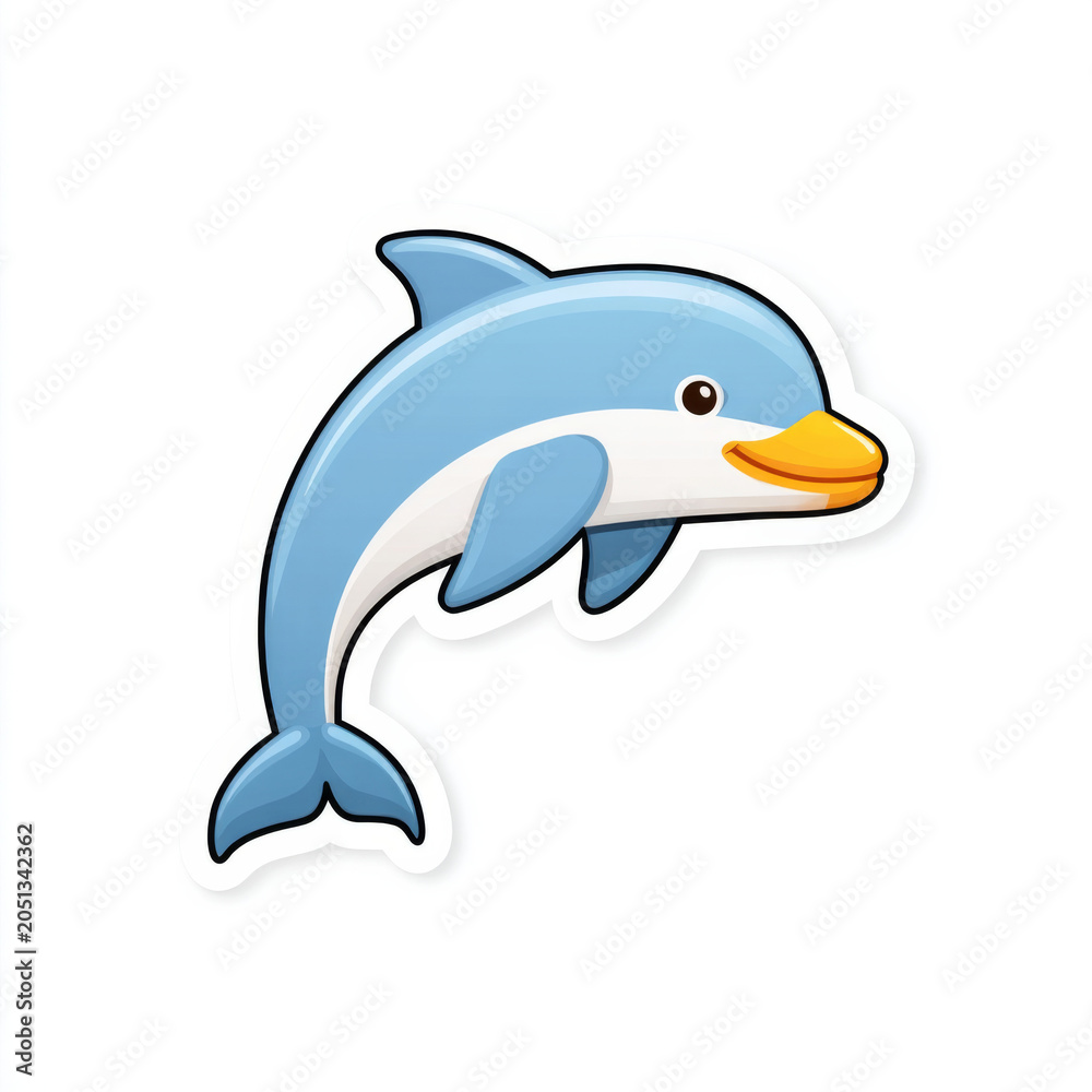 Obraz premium Cartoon dolphin with blue and white body and yellow snout on white background