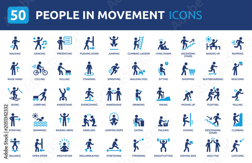 People in movement icon set. Containing walking, running, jumping, dancing and more. Solid vector icon collection.