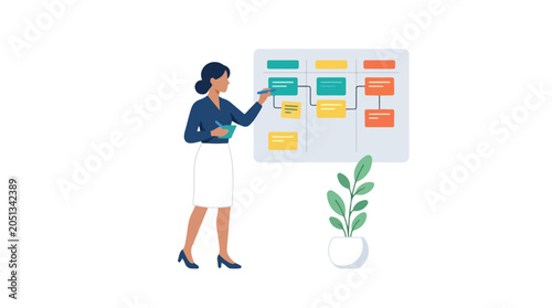 A female professional organizes tasks on a project management board with sticky notes in a clean, modern office setting vector illustration.