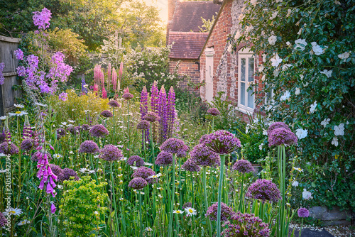 A traditional English country cottage garden with flowers in summer