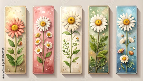 A colorful arrangement of five flower paintings on rectangular panels