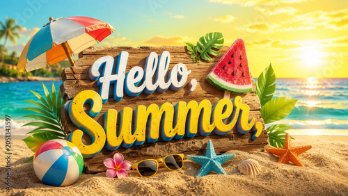 Colorful hello summer greeting sign on tropical beach at sunset with vacation accessories, seasonal celebration banner for travel, tourism and sunny holidays