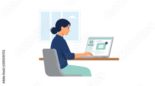A professional woman sits at a desk in front of a window, focused on her laptop while managing emails and digital messages.