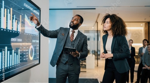 Business professionals analyzing financial data on large digital display in modern office