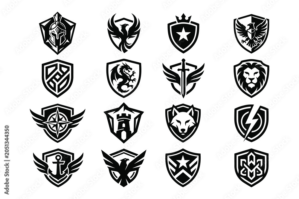 Obraz premium Set of various shield logos with animal and object designs on white background