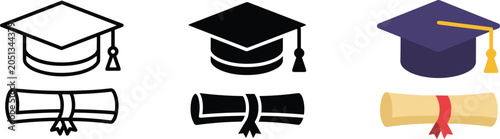 Three graduation caps and diplomas icons representing academic achievement and education