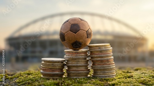 Brown leather soccer ball resting on top of stacked metal coins with a large stadium blurred in the distant background
