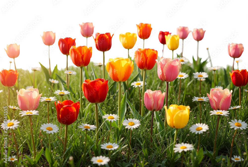 Fototapeta premium Vibrant spring flowers meadow with tulips and chamomiles colorful floral bottom border isolated on transparent background.