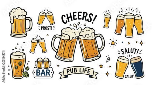 Εκτύπωση καμβά Beer Mug Collection: Cheers, Prost, Salut, Pub Life Illustrations
