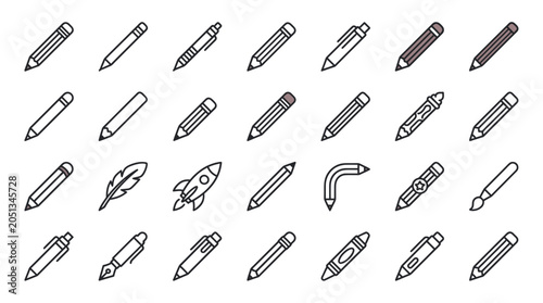 Tableau sur toile Collection of Drawing and Writing Tools Icons: Pencils, Pens, Brushes, Quill