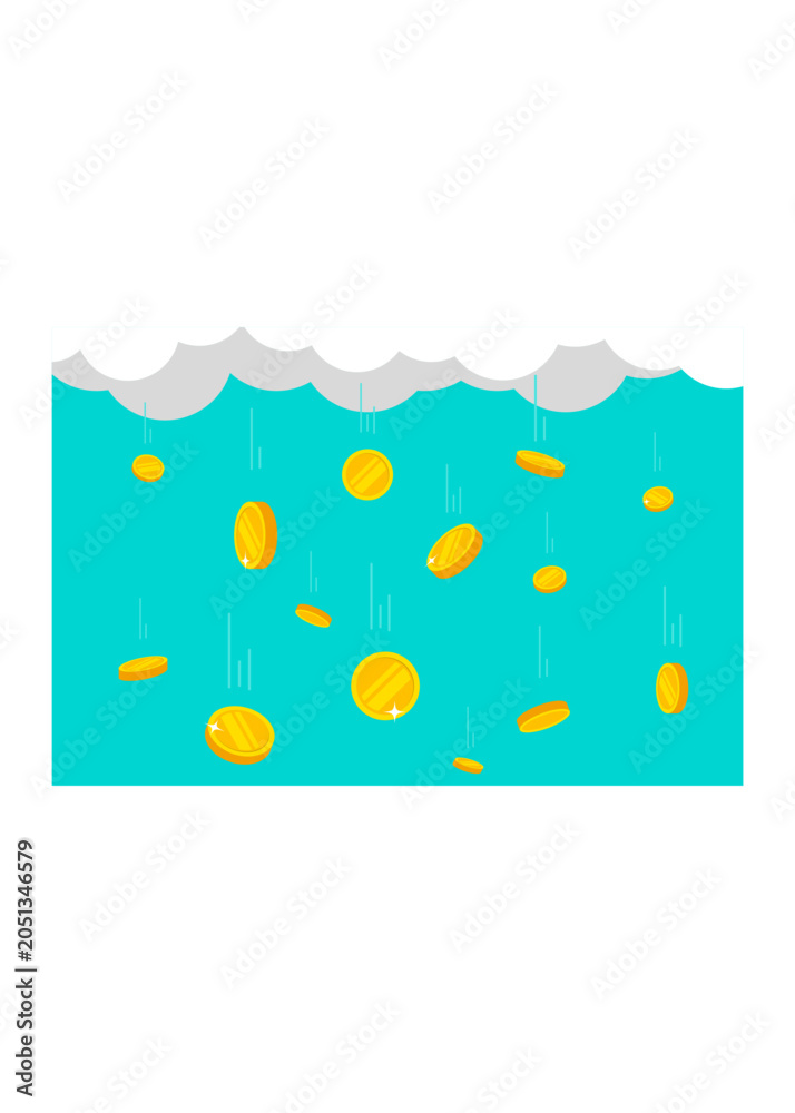 Naklejka premium Golden currency coins falling down like rain from white clouds on a blue background. Wealth, finance, and success concept.