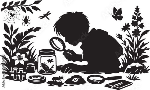 Billede på lærred Boy doing science experiment with magnifying glass and insects in garden, summer learning silhouette