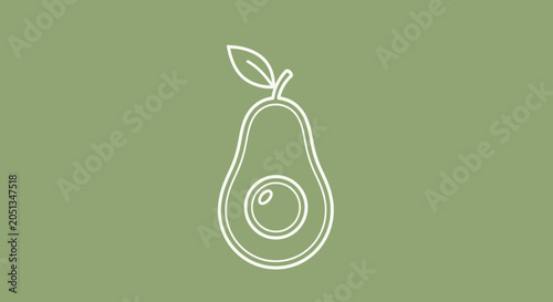 Minimalist white line art avocado icon on green background
