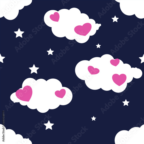 Schilderij op canvas Cute night sky seamless pattern with clouds, hearts, and stars vector illustration
