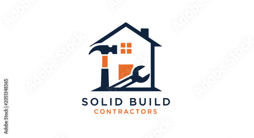 Construction and Renovation Logo: House, Hammer, Wrench, Building Tools