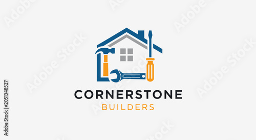 Cornerstone Builders Logo: House icon with tools - hammer, wrench, screwdriver