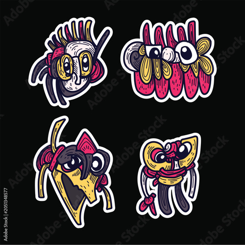 Graffiti style monster doodle character stickers set