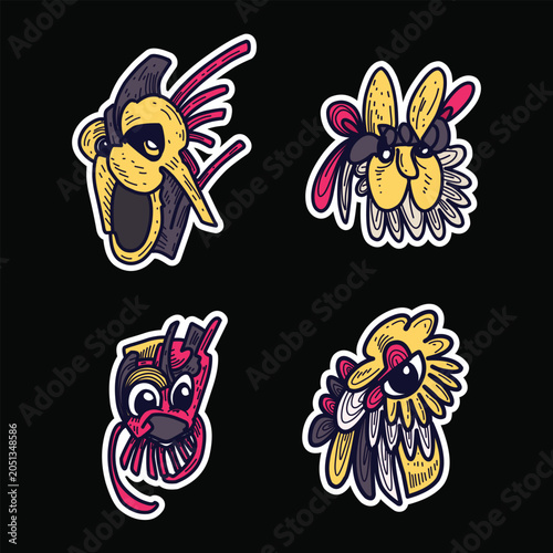 Abstract doodle monster sticker pack isolated on black background
