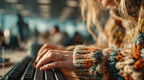 Close-up of a person typing on a keyboard in a cafe, with a focus on the hands and colorful sweater