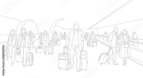 Foto Diverse group of travelers with luggage at an airport terminal.