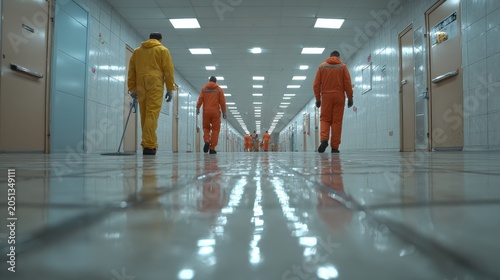 Workers in protective gear walking down a long, sterile hallway