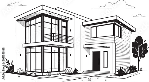 Fotografía Modern two-story house with wooden extension