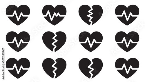 Bild auf Leinwand Grid of heart rate monitor icons and broken heart symbols for medical and emotional themes