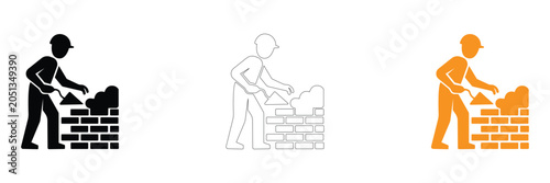 Vector icons of a bricklayer building a wall in black, line art, and orange, ideal for construction and architecture concepts