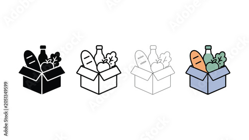 Foto Grocery box with food items donation delivery icon set