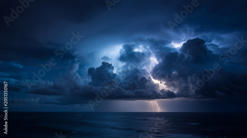 A dramatic seascape with lightning striking through dark storm clouds over a calm ocean surface