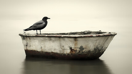 Lonely Seagull on an Abandoned Boat