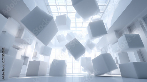 Abstract composition of floating white cubes in a bright interior space with grid windows