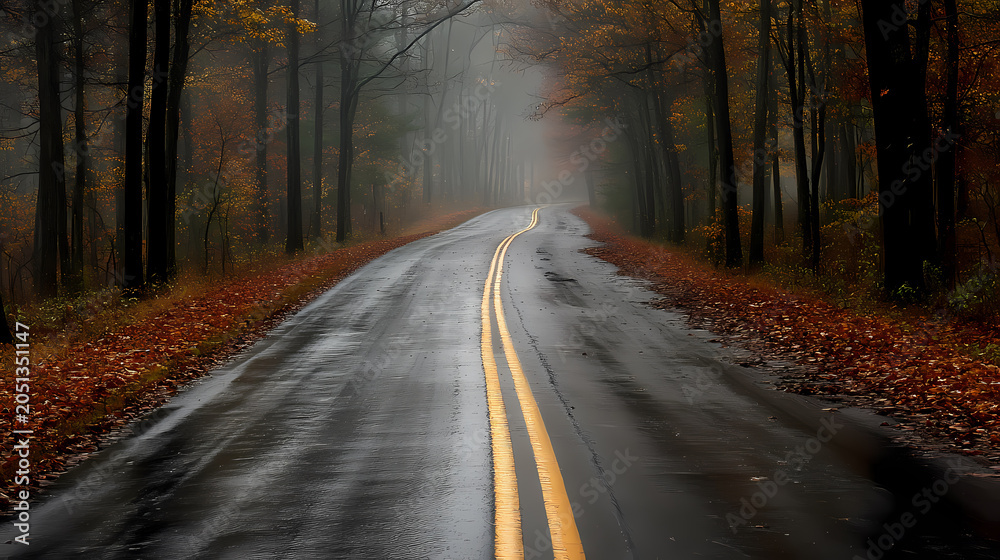 Fototapeta premium Autumnal Rain-Kissed Forest Road