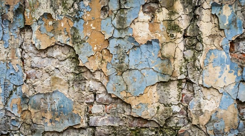 Weathered brick wall surface featuring layers of peeling blue and beige paint with deep cracks and aged industrial textures visible