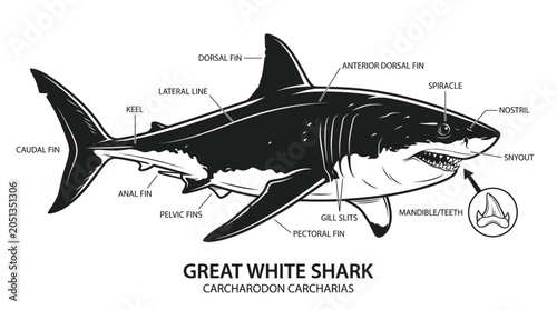 Foto Great White Shark Anatomy Diagram - Carcharodon Carcharias