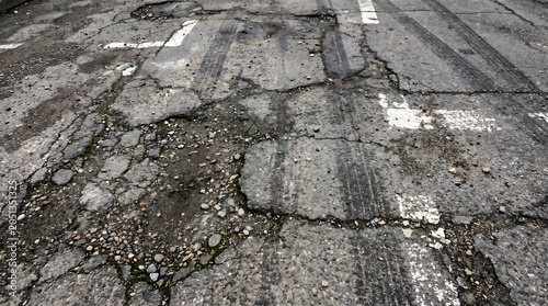 Close up view of damaged asphalt road surface featuring deep cracks potholes and faded white traffic paint road markings outdoors