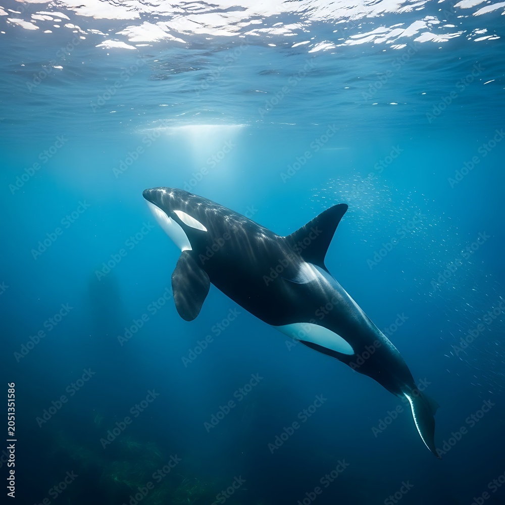 Naklejka premium Orca swimming in deep blue ocean water with sun rays